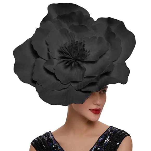 Giant Black fabric flower hat headband Hairclip pinup avant garde - Picture 1 of 2